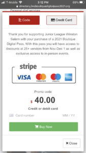 Screenshot of the 2021 Boutique Digital Pass payment page